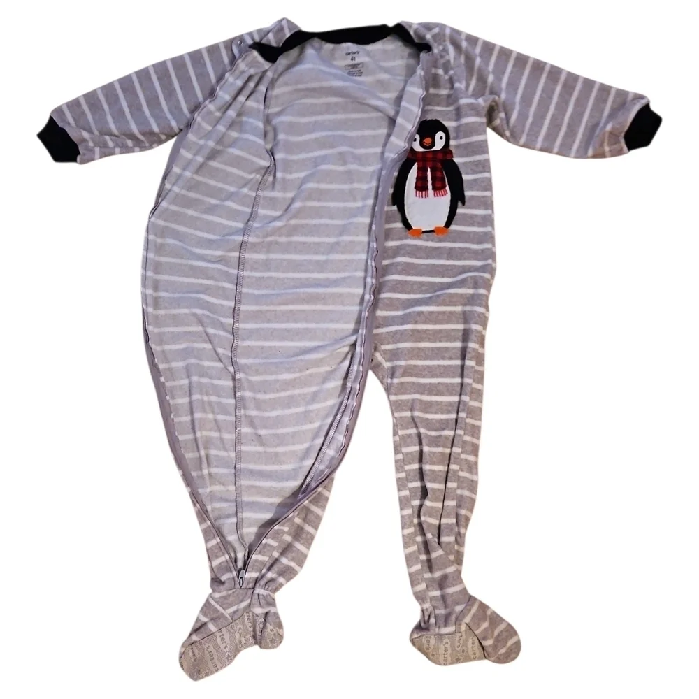 Carters Gray Striped Kids One Piece Footie Pajama, Zip Up, Fleece, Penguin, 4T
